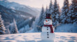 © Светлана Квет - A holiday greeting card with copy-space featuring a happy snowman standing in a landscape with a snowy background. A winter fairytale that is set in a magical winter land