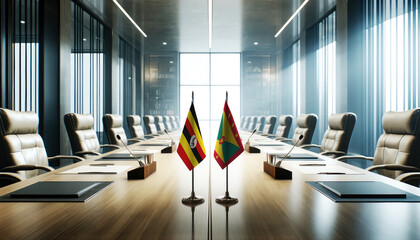 A modern conference room with Uganda and Grenada flags on a long table, symbolizing a bilateral meeting or diplomatic discussions between the two nations.