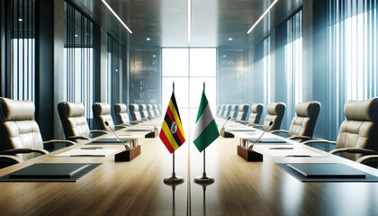 A modern conference room with Uganda and Nigeria flags on a long table, symbolizing a bilateral meeting or diplomatic discussions between the two nations.