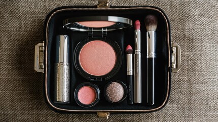 Compact Makeup Case with Cosmetics and Brushes