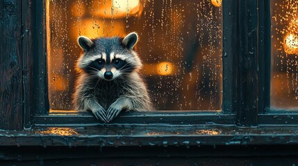 Sticker -   A raccoon perched on a window sill, gazing at the rain-drenched pane with droplets glistening on the glass (18 tokens