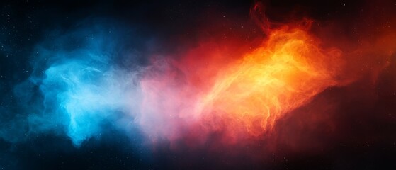 Canvas Print -  A black backdrop bears a crimson-blue nebulous smoke, encircling a lone star at its center A blue cloud floats in the midstream