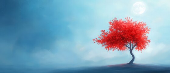 Poster -  A red tree stands alone in a blue field, backdrop of a full moon in the night sky