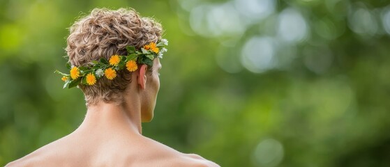  A woman with sunflowers and a wreath of flowers in her long, flowing hair is visible from behind