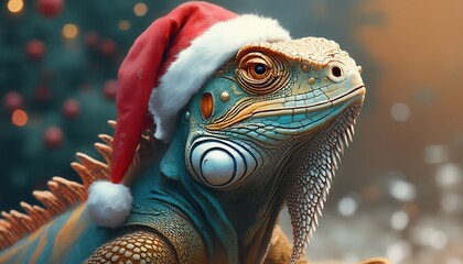 Photorealistic illustration of iguana with Christmas cap on a Christmas background looking in camera, only top of body, detailed