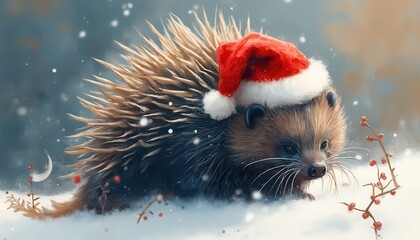 Photorealistic illustration of porcupine with Christmas cap on a Christmas background looking in camera, only top of body, detailed