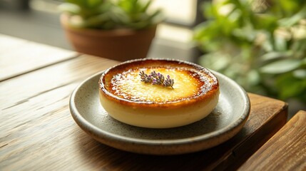 Poster -   A plate with a dessert sits on a table near a potted plant and another potted plant