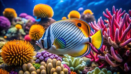 Sticker - Vibrant Chevron Butterflyfish Swimming Among Colorful Coral Reef in a Tropical Marine Environment