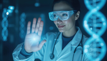 Wall Mural - female scientist gesturing dna diagnostic, futuristic medical research, genetic engineering