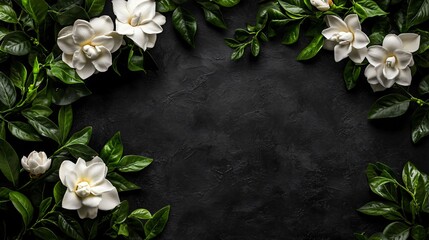 Sticker - White Gardenia Flowers and Lush Green Leaves on Black Background.