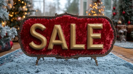 Festive sale sign displayed in a cozy indoor setting with holiday decorations during winter