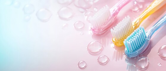 Poster -  Three toothbrushes align on a pink-blue surface, surrounded by water droplets