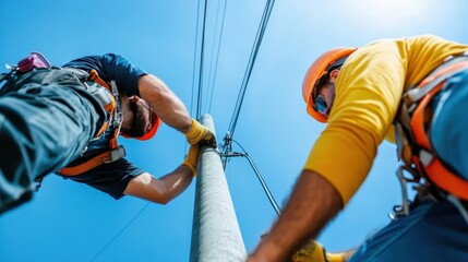 A low-angle shot of two construction workers in safety gear fixing a utility pole on a clear day, symbolizing teamwork, safety, and modern infrastructure development.