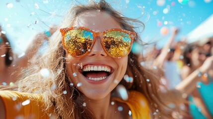 A joyful woman wearing colorful sunglasses smiles brightly, surrounded by celebration and confetti at an outdoor summer party, exuding happiness and festivity.