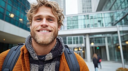 A cheerful man with a backpack stands confidently in front of a contemporary office building, showing a positive and outgoing demeanor.