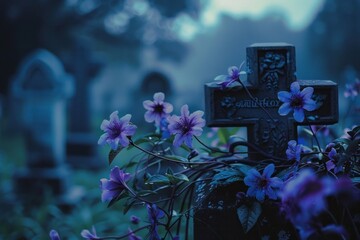 Wall Mural - Wild flower tombstone cemetery outdoors.