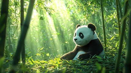 Canvas Print -  A panda bear rests amidst bamboo trees, sunlight filtering through them