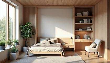 Wall Mural - Elevation rendering of a Z-shaped study table with built-in wall seating in a simple cabin bedroom. The room boasts a bed, lovely accents, and thriving houseplants. Abundant natural light from an expa