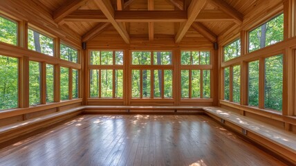 A large room with wooden floors and a lot of windows