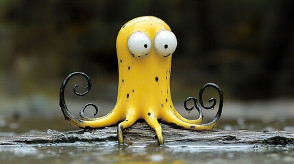 Wall Mural - Yellow Octopus with Black Tentacles on a Log