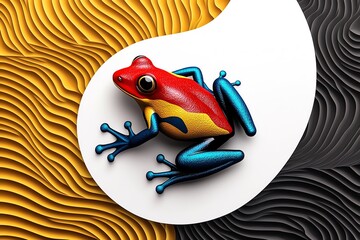 Poster - Minimalist icon of a colorful frog, showing its vivid red, yellow, and blue body in clean, abstract lines against a white backdrop.