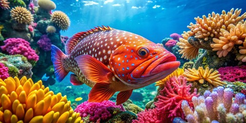 Wall Mural - Vibrant Grouper Fish Swimming Among Colorful Coral in a Crystal Clear Tropical Ocean Environment