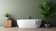 © rimsha - Modern minimalist bathroom interior, bathtub and bathroom cabinet, white sink, interior plants, bathroom accessories, parquet floor, green wall.3d rendering