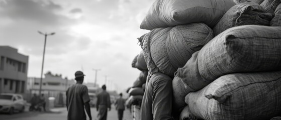 Wall Mural - Man walks downtown with a large stack of bagged items