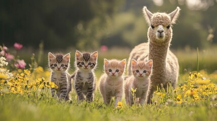 Poster -   Kittens near Alpaca in flower field with Llama backdrop