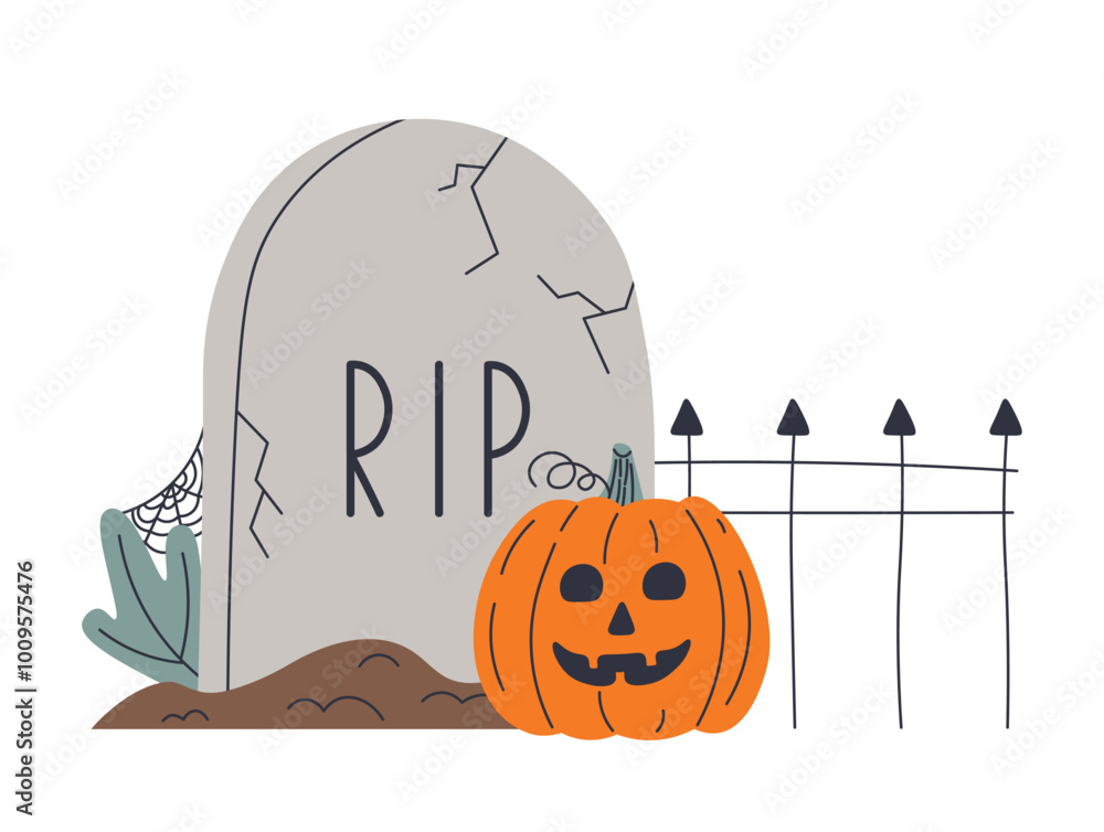 Halloween pumpkin. Jack o lantern. Cute character on cemetery. Grave ...
