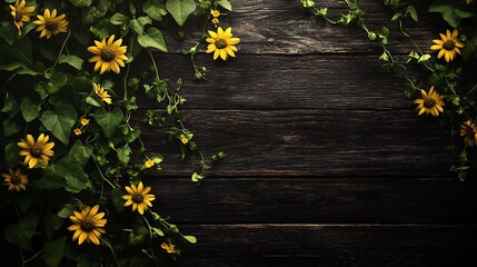 Sticker - Yellow flowers and green leaves border on a dark wooden background.