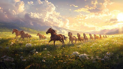 Wall Mural -   A magnificent painting of horses galloping through a meadow adorned with vibrant flowers against a breathtaking sunset backdrop