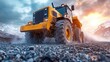 © julija - yellow loader actively transporting gravel during road construction with the bucket raised high and stones cascading down set against a backdrop of an ongoing construction site