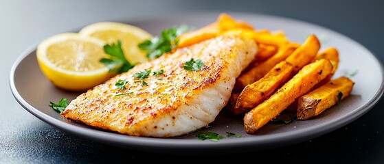 Wall Mural - fish fillet with lemon wedges, French fries included