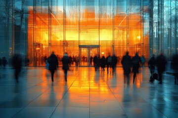 blurred motion of a busy corporate office with professionals engaged in various tasks capturing the energy and dynamism of modern business environments