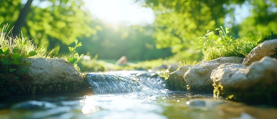 Wall Mural -  A stream runs through a lush, green forest, teeming with rocks and abundant greenery, adjacent to a densely wooded area adorned with numerous trees