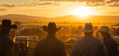 Sunset cowboy gathering with silhouettes of people in hats, rural setting, animals in pasture, golden light, mountains in background.