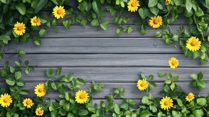 Sticker - Yellow flowers and green leaves surrounding a wooden background.