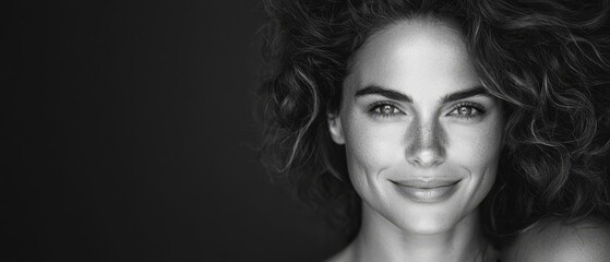 Wall Mural -  A monochrome image of a woman smiling, with wind-tossed hair