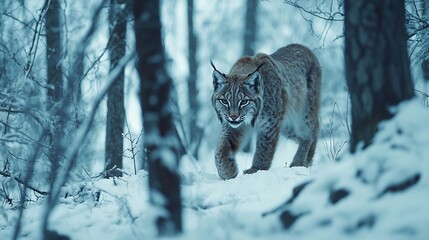 Sticker -   A lynx walks through snow-covered woods, surrounded by tall trees