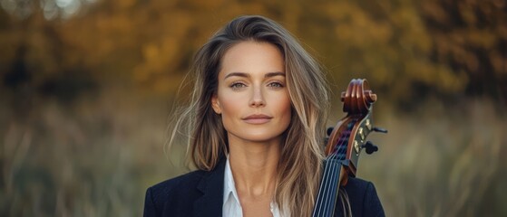 Wall Mural -  A serious-faced woman with long hair holds a violin before her, gazing into the camera