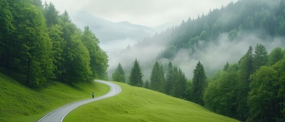 Wall Mural -  A person strolls along a road through a verdant field, flanked by trees on each side