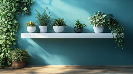 Sticker - A minimalist shelf displaying various potted plants against a blue wall.