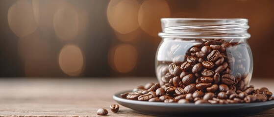 Wall Mural -  A glass jar full of coffee beans rests on a wooden table, accompanied by a separate plate holding additional coffee beans