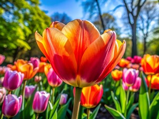 Wall Mural - Vibrant Open Tulip Flower Blooming in Springtime Garden with Soft Focus Background and Green Leaves