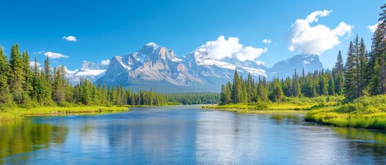 Wall Mural -  A river winds through a verdant forest, beneath a blue sky Distant mountains, crowned with clouds, complete the scene