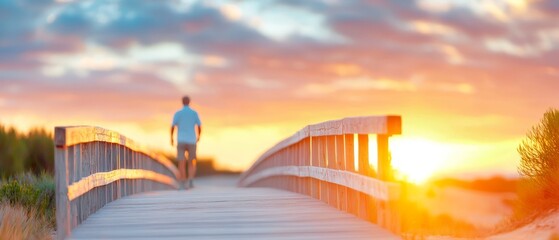 Wall Mural -  Person strolling on a bridge spanning body of water as sun sets, casting golden hues in the background