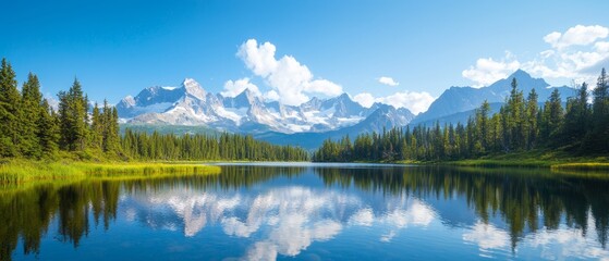 Wall Mural -  A tranquil body of water nestled amongst trees, bordered by a distant mountain range, and dotted with clouds in the sky