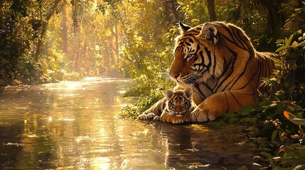 Sticker -   A pair of tigers resting by a river, surrounded by a forest with vibrant green and yellow foliage under the bright sun