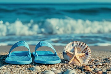 Sticker -   A pair of blue flip flops sits atop a beach beside a starfish in the sand